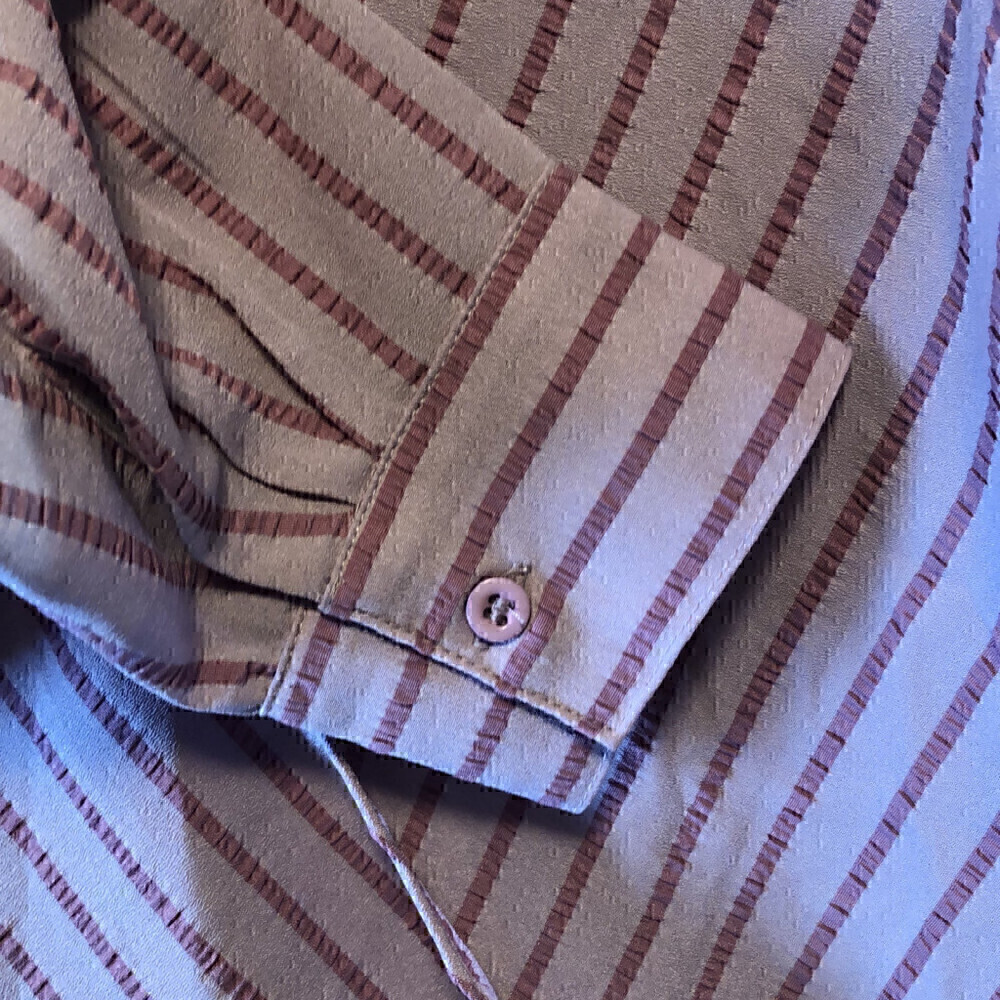 BCBG Maxazria Pink and Mauve Striped Blouse Faux wrap V Neck high-lo Size Small - Picture 6 of 12